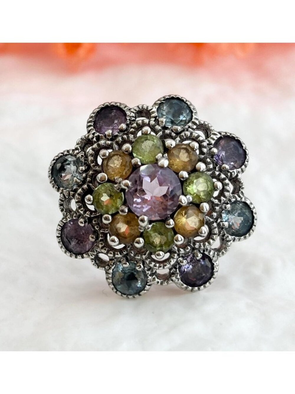 Cluster Rainbow Gemstone Blooming Flower Sterling Silver 925 Vintage Ring - sz 6 - Picture 1 of 16